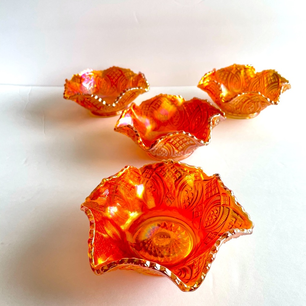 Carnival glass ruffle bowls